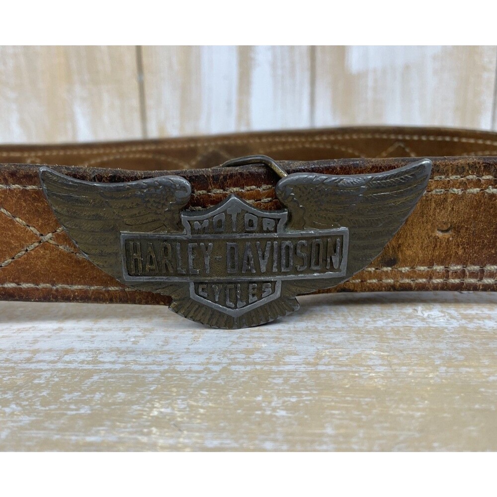 Vintage 70s Harley Davidson Eagle Wings Aged Brass Shield Leather Belt Sz 34